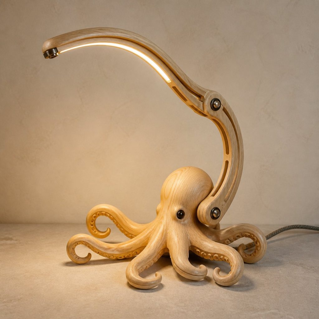 Octopus-Arm Desk Task Lamp shown as an original square photorealistic octopus lamp made from natural light-yellow wood with fine grain and warm diffused light