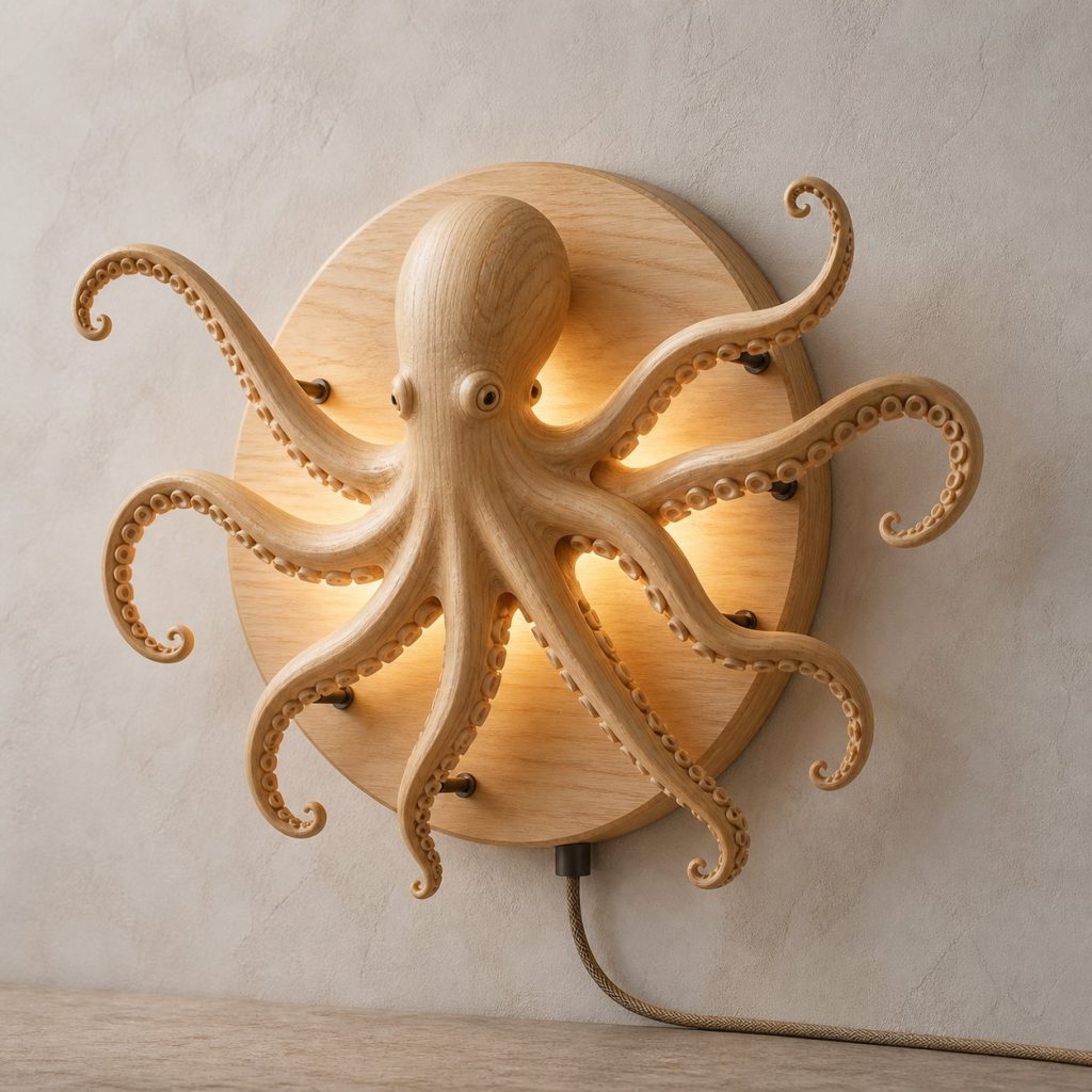 Swimming Octopus Wall Sconce shown as an original square photorealistic octopus lamp made from natural light-yellow wood with fine grain and warm diffused light