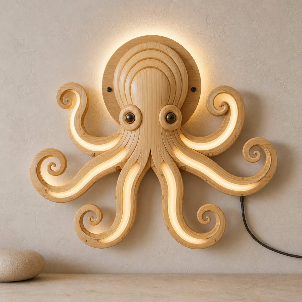 Layered Octopus Face Wall Lamp shown as an original square photorealistic octopus lamp made from natural light-yellow wood with fine grain and warm diffused light