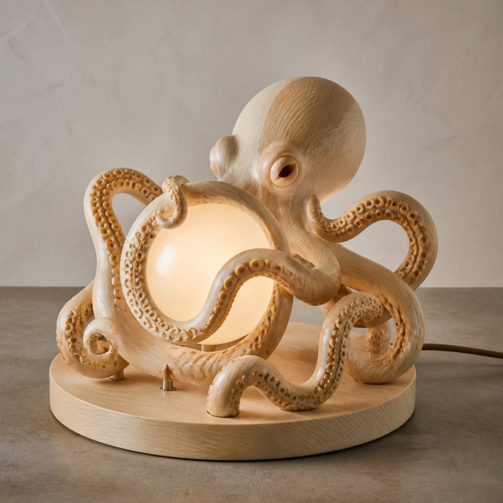 Octopus Orb Lamp shown as an original square photorealistic octopus lamp made from natural light-yellow wood with fine grain and warm diffused light