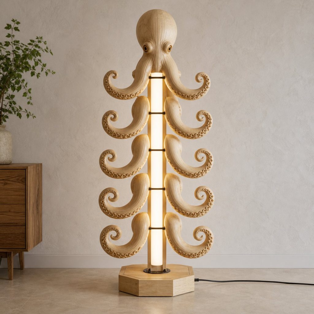 Stacked Tentacle Floor Lamp shown as an original square photorealistic octopus lamp made from natural light-yellow wood with fine grain and warm diffused light