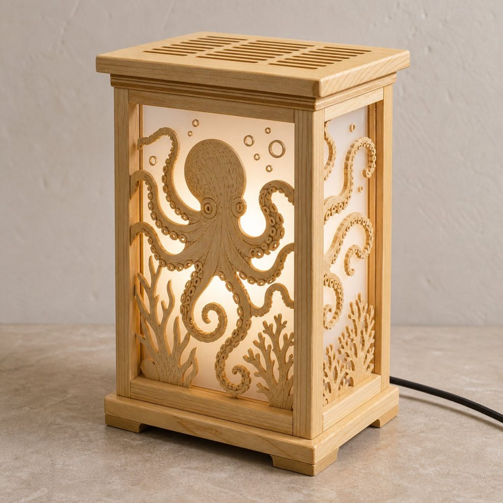 Reef Octopus Lantern shown as an original square photorealistic octopus lamp made from natural light-yellow wood with fine grain and warm diffused light