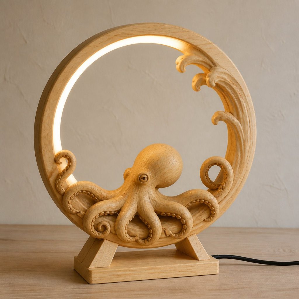 Octopus-and-Wave Ring Lamp shown as an original square photorealistic octopus lamp made from natural light-yellow wood with fine grain and warm diffused light