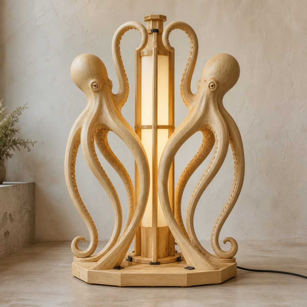 Twin-Octopus Floor Lamp shown as an original square photorealistic octopus lamp made from natural light-yellow wood with fine grain and warm diffused light