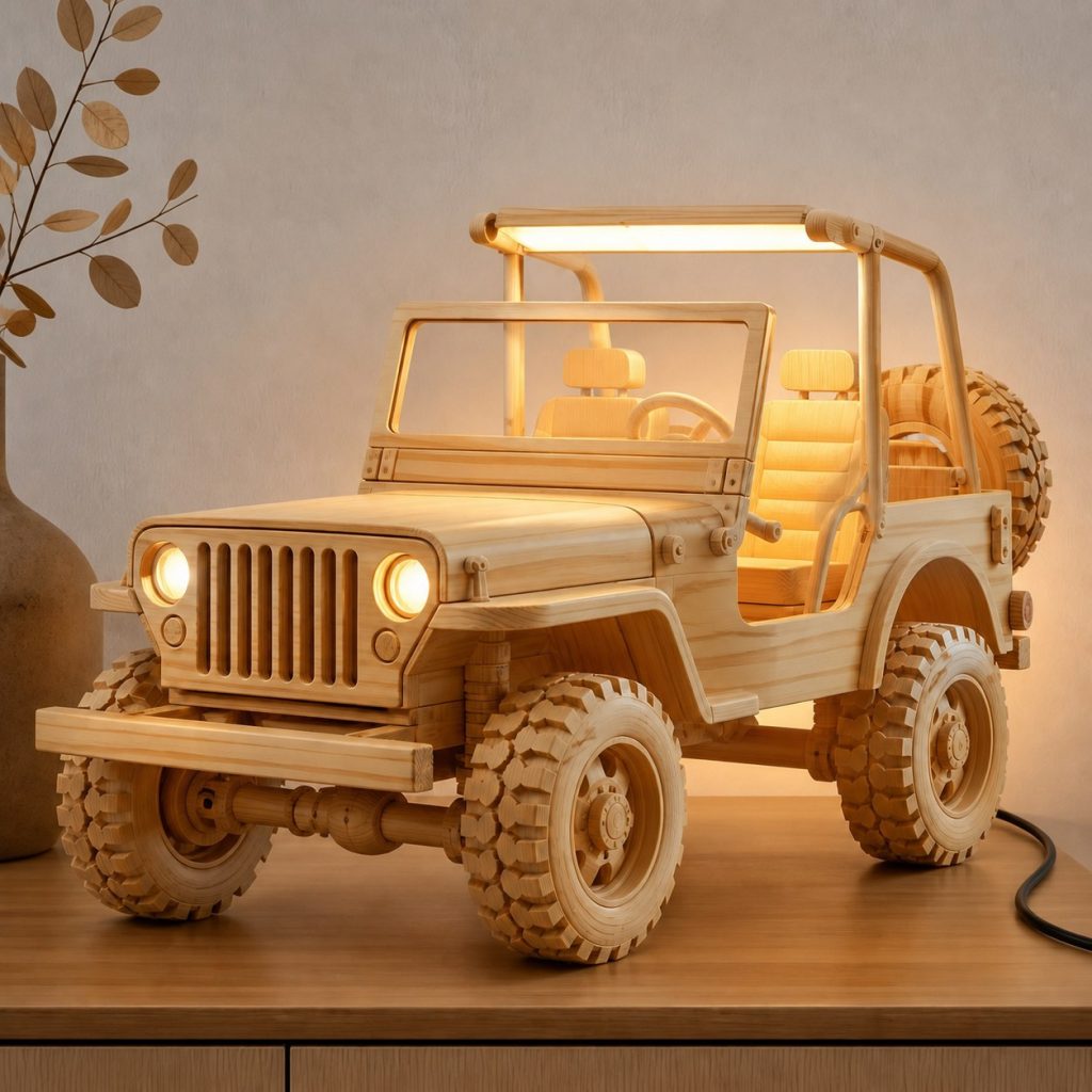 Faceted Off-Road Jeep Lamp shown as an original square photorealistic off-road jeep lamp made from natural light-yellow wood with fine grain and warm diffused light