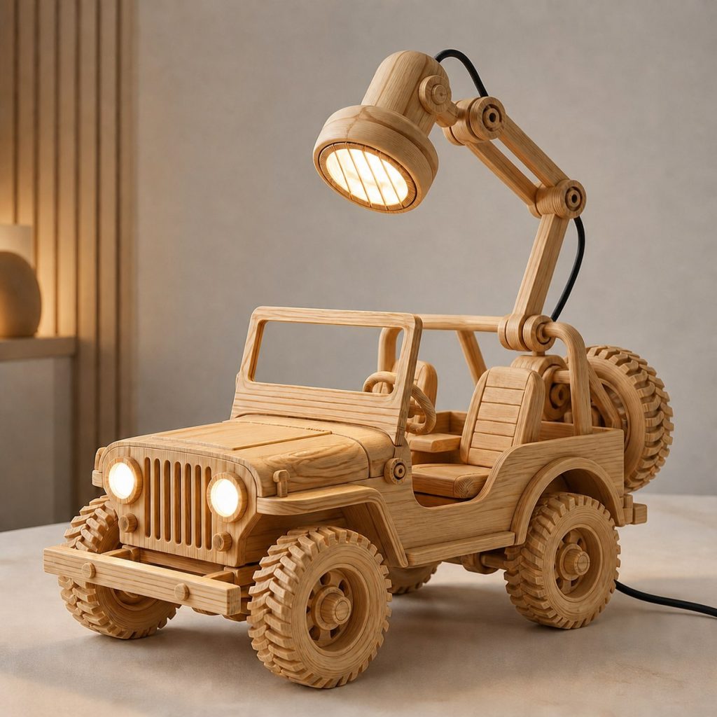 Jeep Headlight Desk Task Lamp shown as an original square photorealistic off-road jeep lamp made from natural light-yellow wood with fine grain and warm diffused light