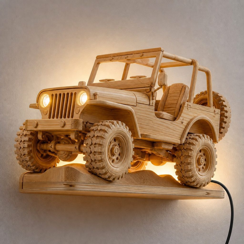 Climbing Jeep Wall Sconce shown as an original square photorealistic off-road jeep lamp made from natural light-yellow wood with fine grain and warm diffused light