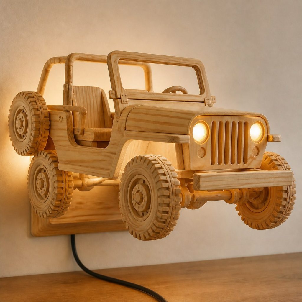Layered Jeep Grille Wall Lamp shown as an original square photorealistic off-road jeep lamp made from natural light-yellow wood with fine grain and warm diffused light