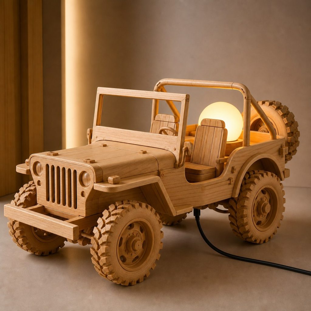 Off-Road Jeep Orb Lamp shown as an original square photorealistic off-road jeep lamp made from natural light-yellow wood with fine grain and warm diffused light
