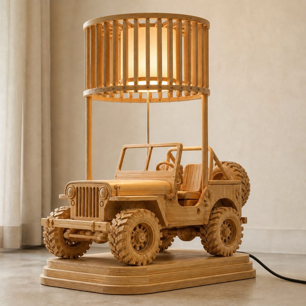 Stacked Jeep Floor Lamp shown as an original square photorealistic off-road jeep lamp made from natural light-yellow wood with fine grain and warm diffused light