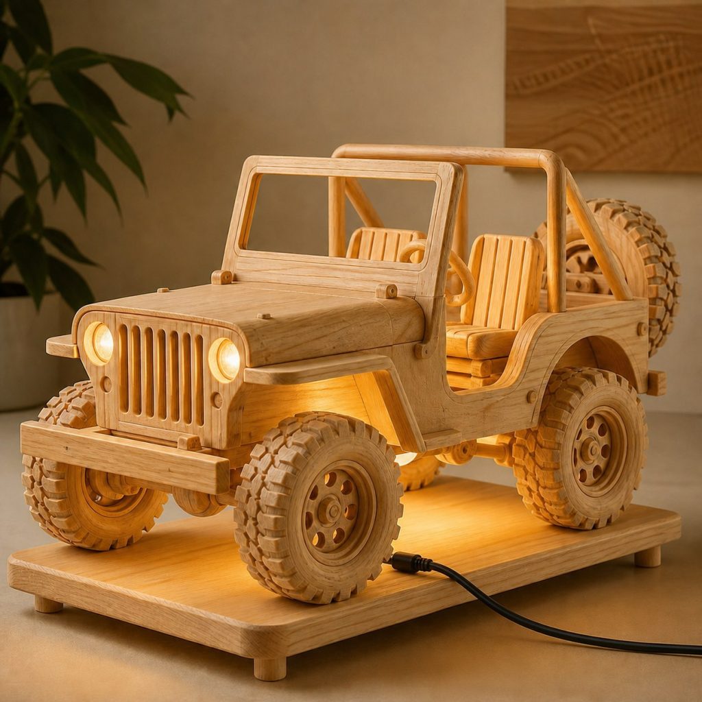 Trail Jeep Lantern shown as an original square photorealistic off-road jeep lamp made from natural light-yellow wood with fine grain and warm diffused light
