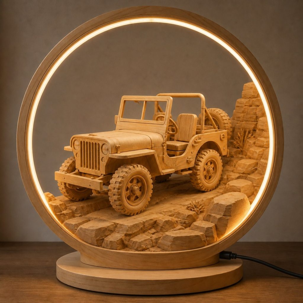 Jeep Terrain-Ring Lamp shown as an original square photorealistic off-road jeep lamp made from natural light-yellow wood with fine grain and warm diffused light