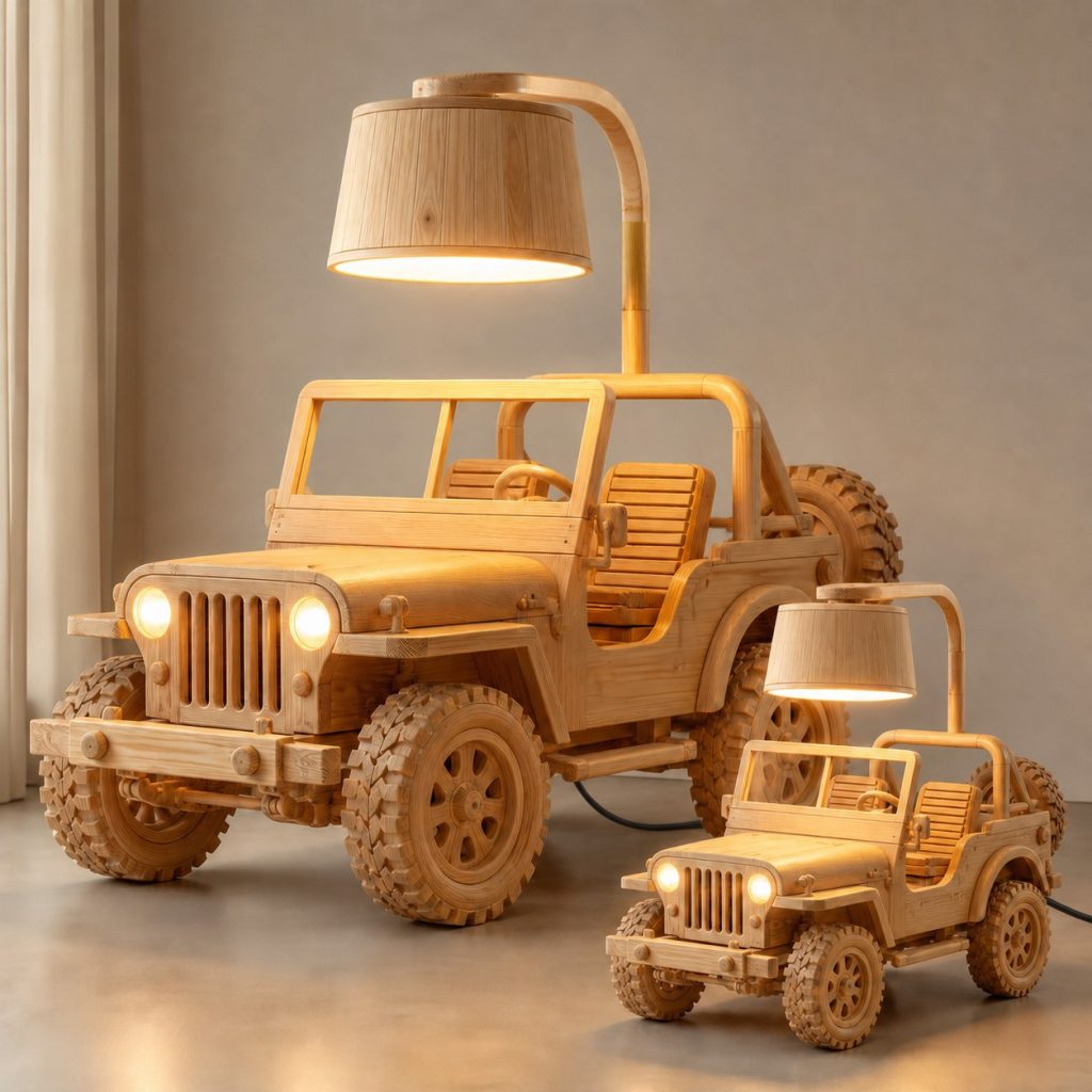 Paired Jeep Floor Lamp shown as an original square photorealistic off-road jeep lamp made from natural light-yellow wood with fine grain and warm diffused light