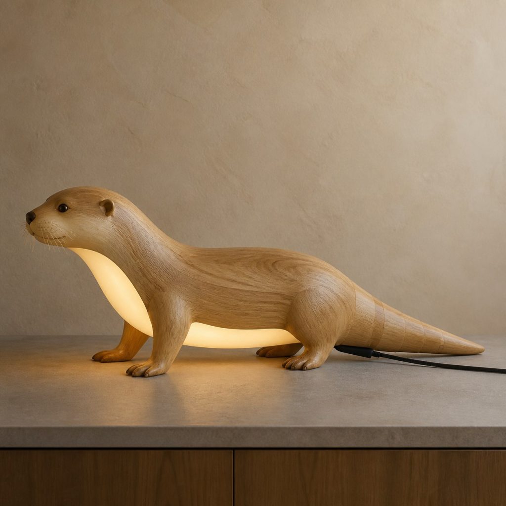 Otter Profile Lamp shown as an original square photorealistic otter lamp made from natural light-yellow wood with fine grain and warm diffused light