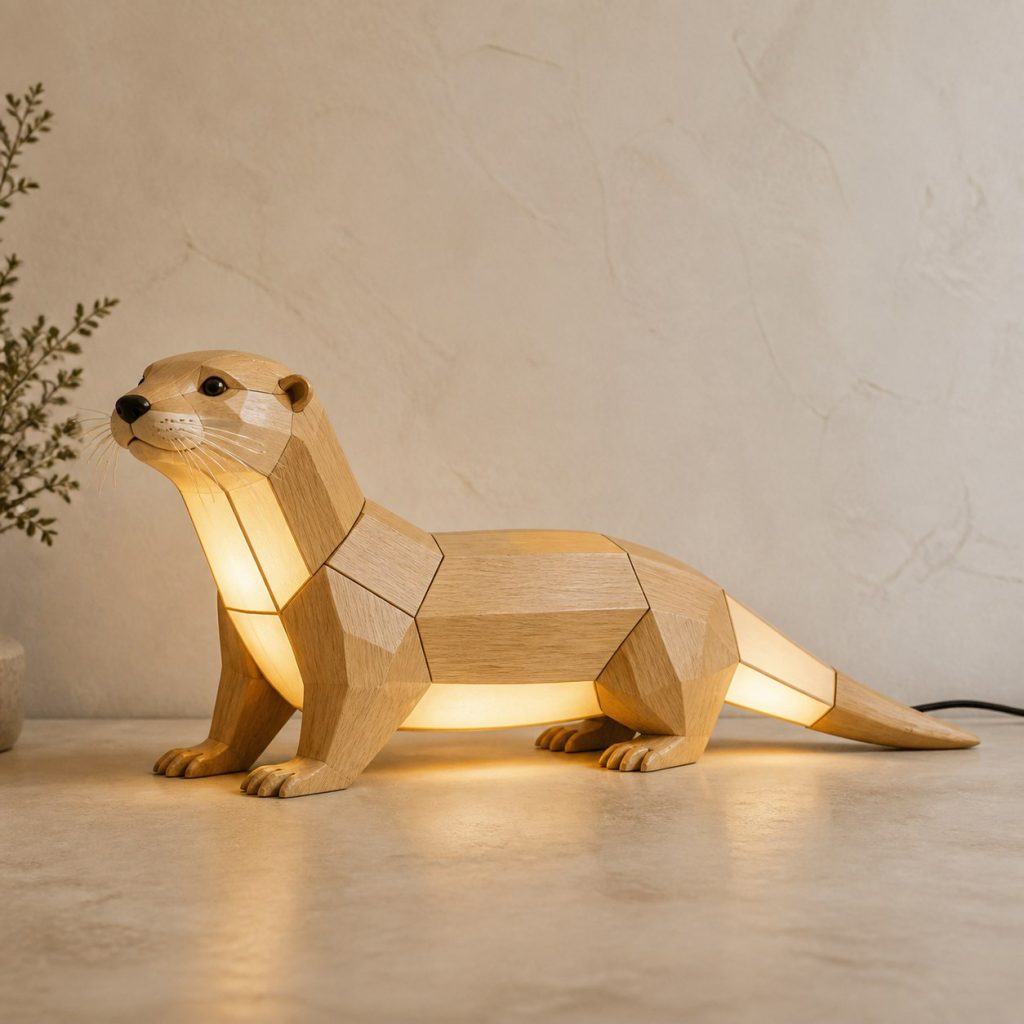 Faceted Otter Lamp shown as an original square photorealistic otter lamp made from natural light-yellow wood with fine grain and warm diffused light