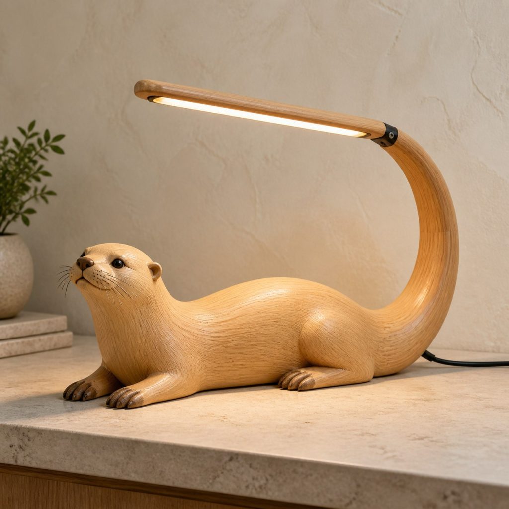 Otter-Tail Desk Task Lamp shown as an original square photorealistic otter lamp made from natural light-yellow wood with fine grain and warm diffused light