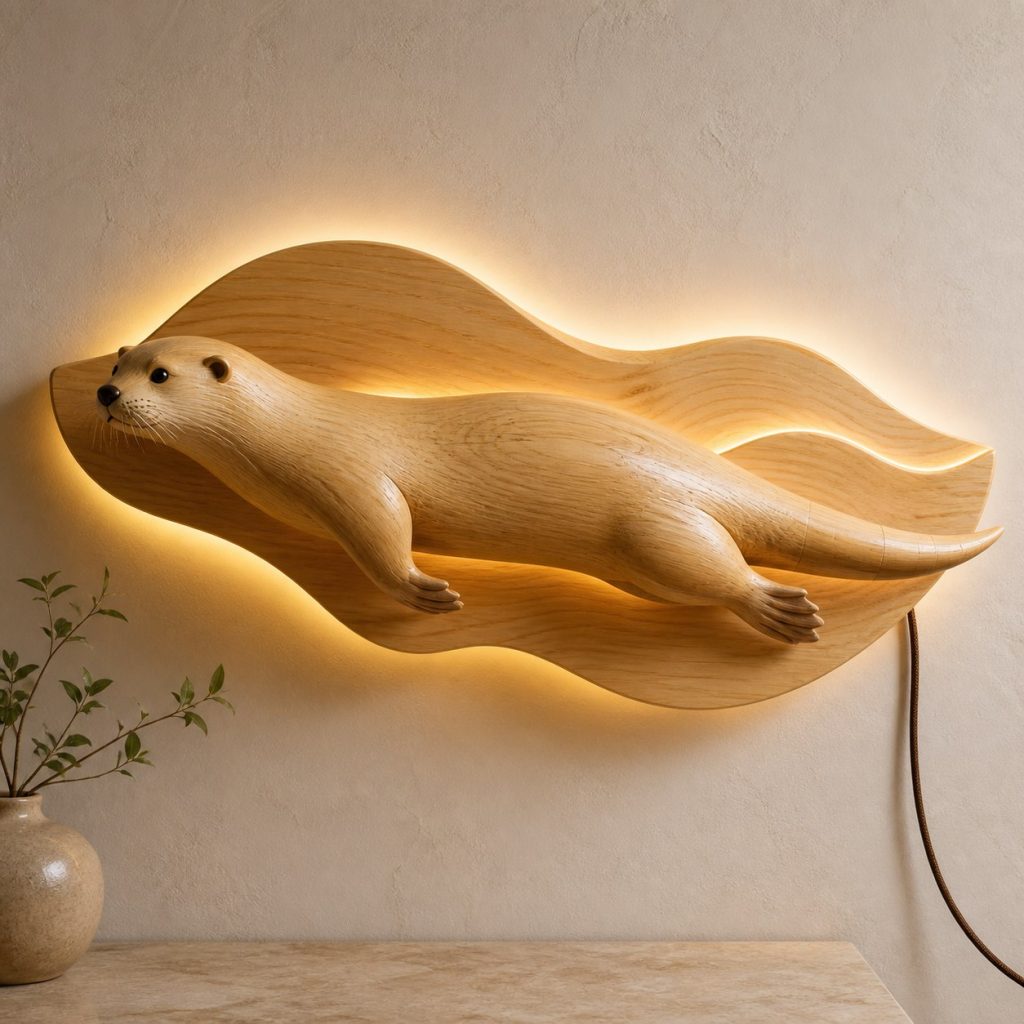 Swimming Otter Wall Sconce shown as an original square photorealistic otter lamp made from natural light-yellow wood with fine grain and warm diffused light