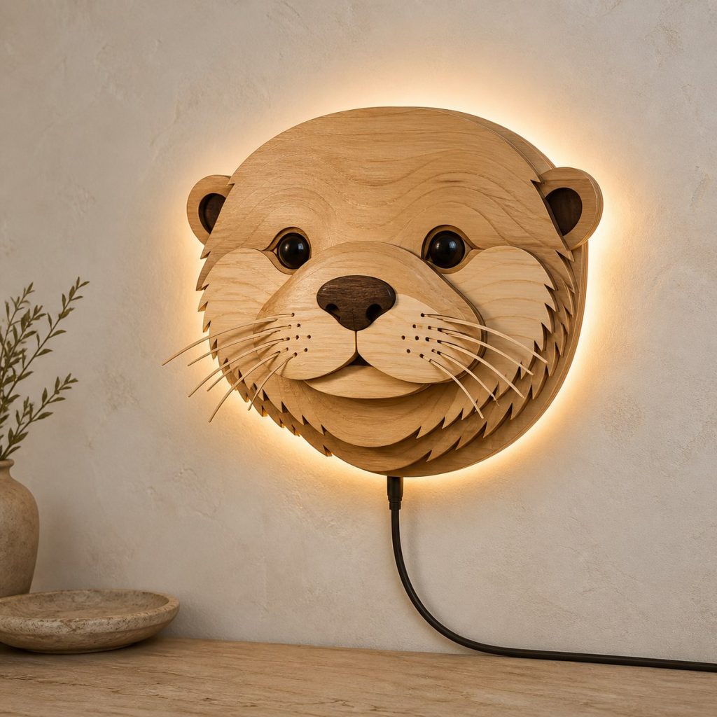 Layered Otter Face Wall Lamp shown as an original square photorealistic otter lamp made from natural light-yellow wood with fine grain and warm diffused light