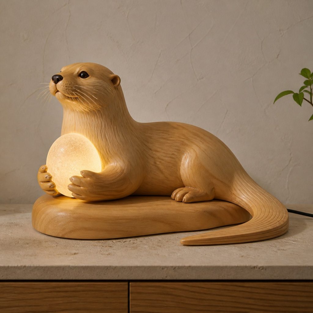Otter Orb Lamp shown as an original square photorealistic otter lamp made from natural light-yellow wood with fine grain and warm diffused light