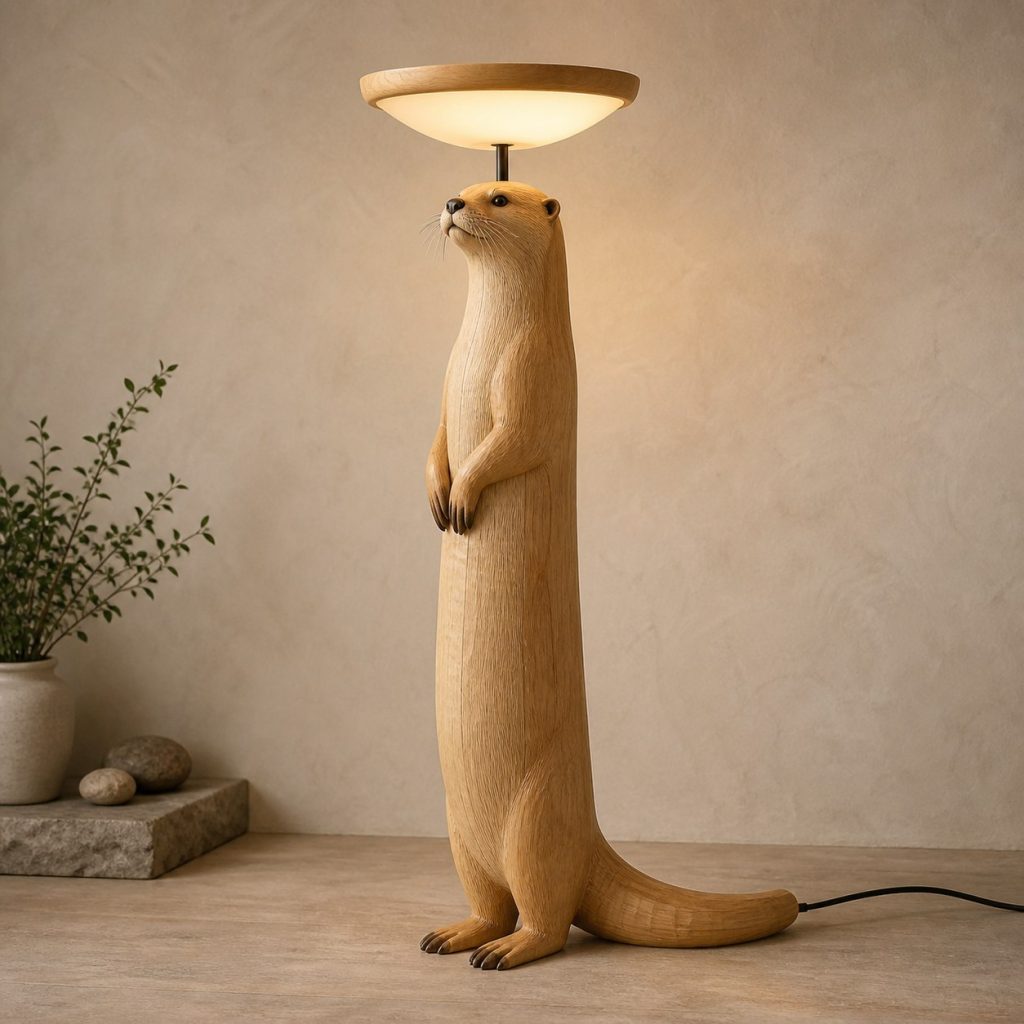 Tall Otter Floor Lamp shown as an original square photorealistic otter lamp made from natural light-yellow wood with fine grain and warm diffused light