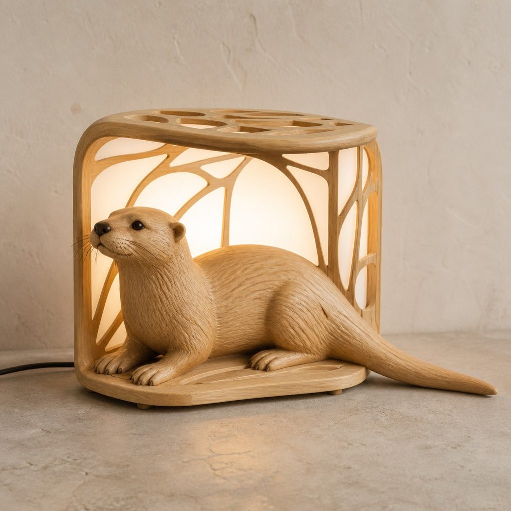 River Otter Lantern shown as an original square photorealistic otter lamp made from natural light-yellow wood with fine grain and warm diffused light