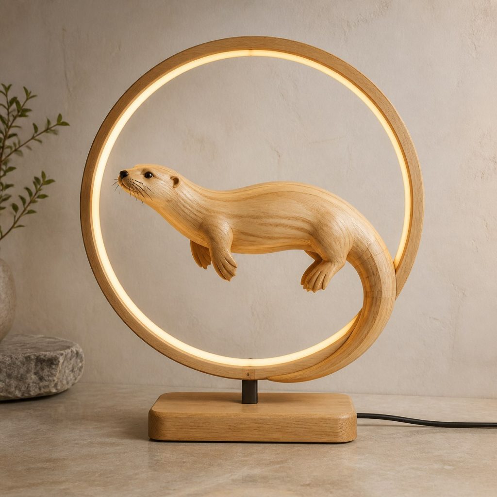 Otter Current-Ring Lamp shown as an original square photorealistic otter lamp made from natural light-yellow wood with fine grain and warm diffused light