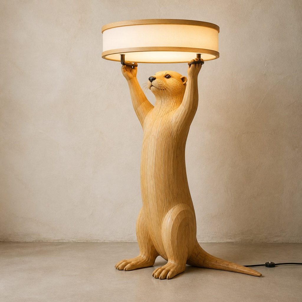 Paired-Paw Otter Floor Lamp shown as an original square photorealistic otter lamp made from natural light-yellow wood with fine grain and warm diffused light