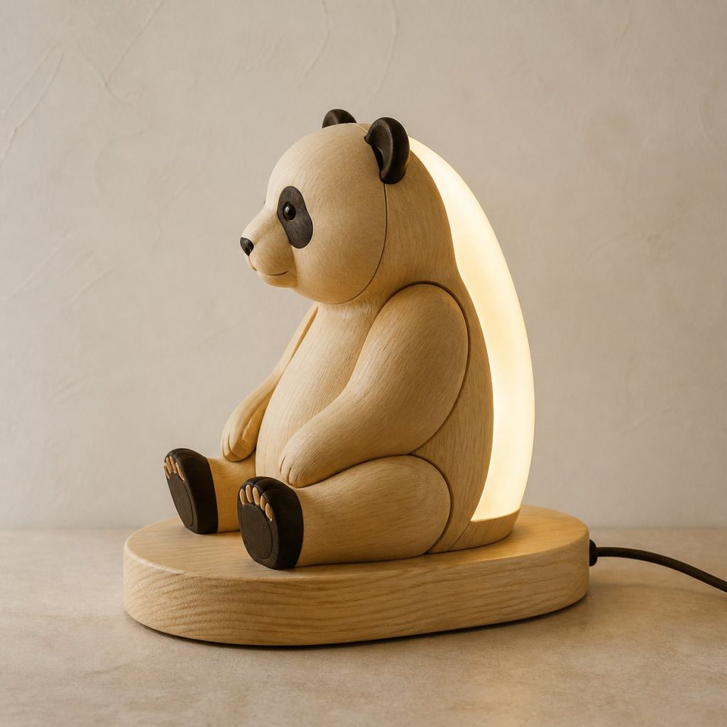 Seated Panda Profile Lamp shown as an original square photorealistic panda lamp made from natural light-yellow wood with fine grain and warm diffused light