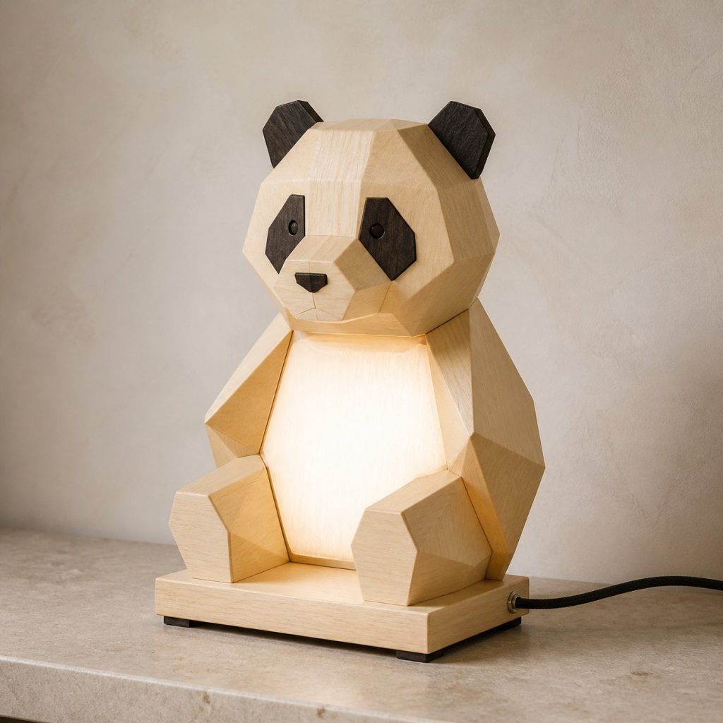 Faceted Panda Lamp shown as an original square photorealistic panda lamp made from natural light-yellow wood with fine grain and warm diffused light