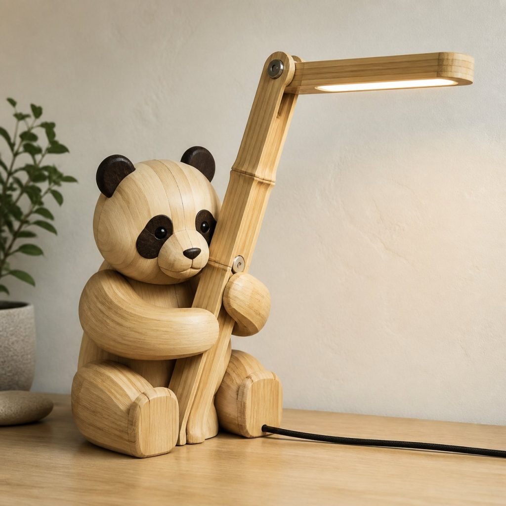 Panda-Bamboo Desk Task Lamp shown as an original square photorealistic panda lamp made from natural light-yellow wood with fine grain and warm diffused light