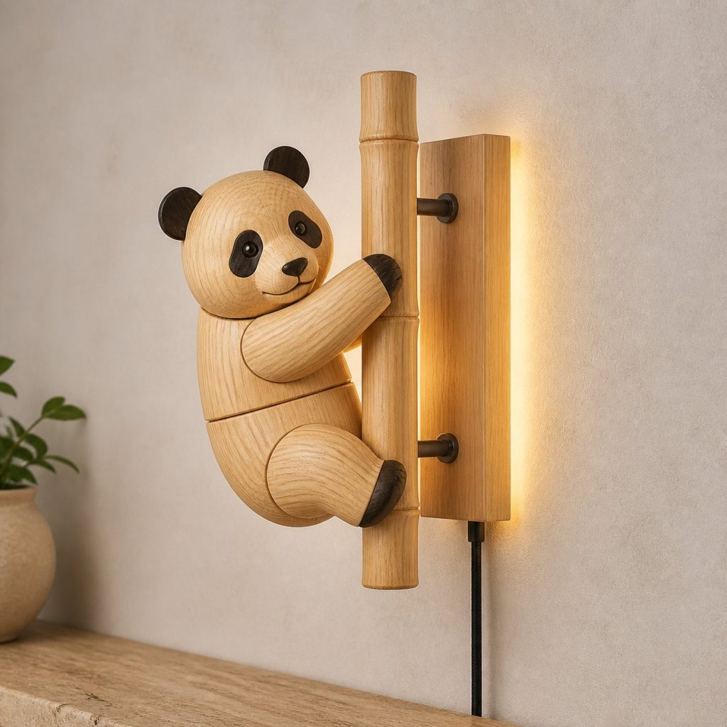 Climbing Panda Wall Sconce shown as an original square photorealistic panda lamp made from natural light-yellow wood with fine grain and warm diffused light