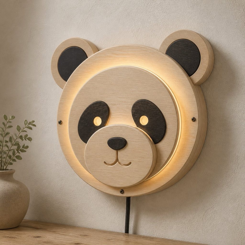 Layered Panda Face Wall Lamp shown as an original square photorealistic panda lamp made from natural light-yellow wood with fine grain and warm diffused light