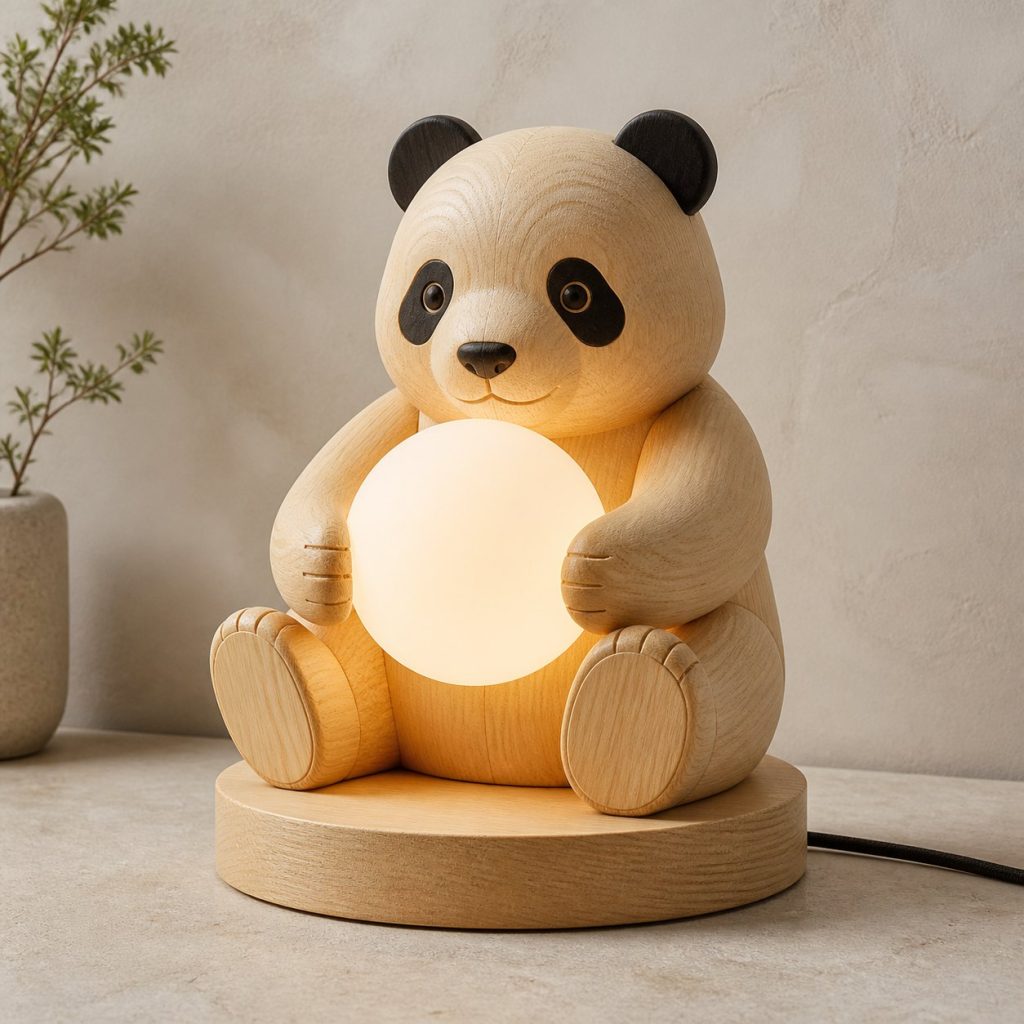 Panda Orb Lamp shown as an original square photorealistic panda lamp made from natural light-yellow wood with fine grain and warm diffused light
