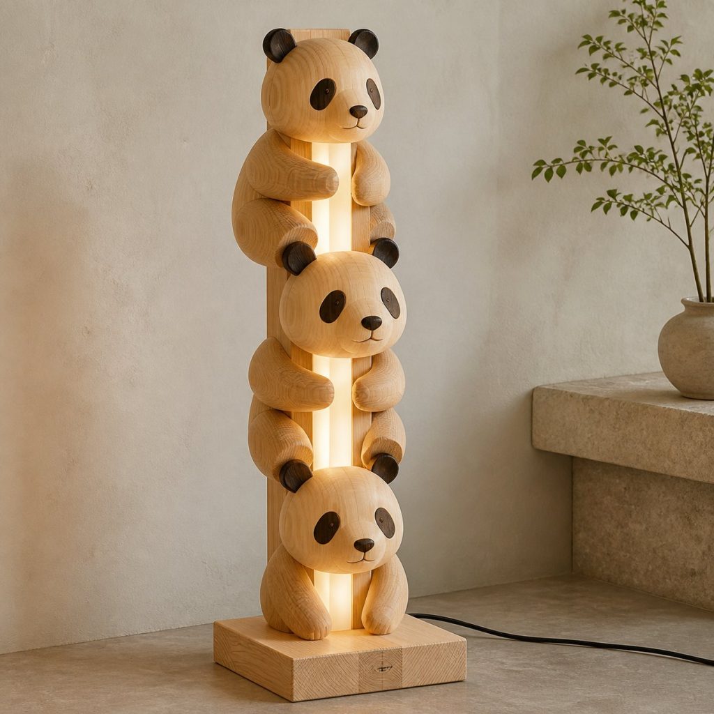 Stacked Panda Floor Lamp shown as an original square photorealistic panda lamp made from natural light-yellow wood with fine grain and warm diffused light