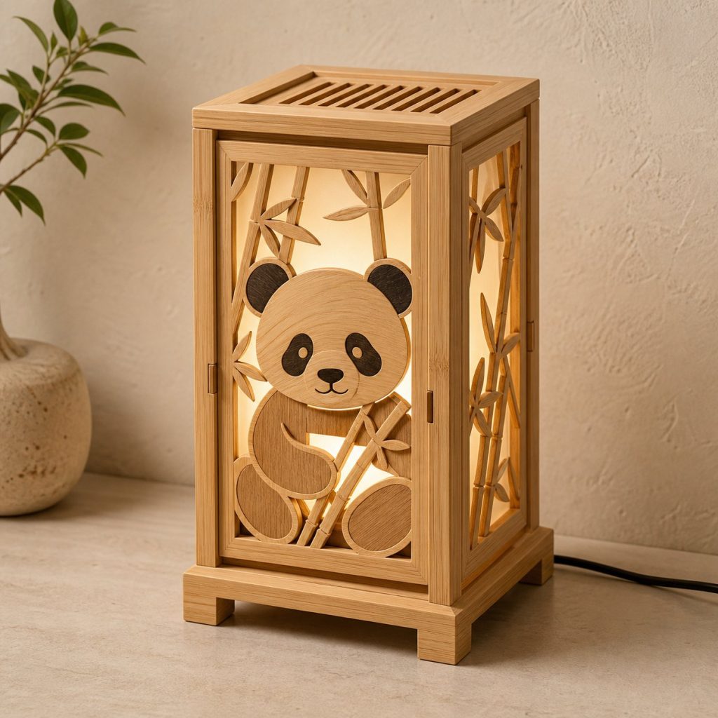 Bamboo Panda Lantern shown as an original square photorealistic panda lamp made from natural light-yellow wood with fine grain and warm diffused light