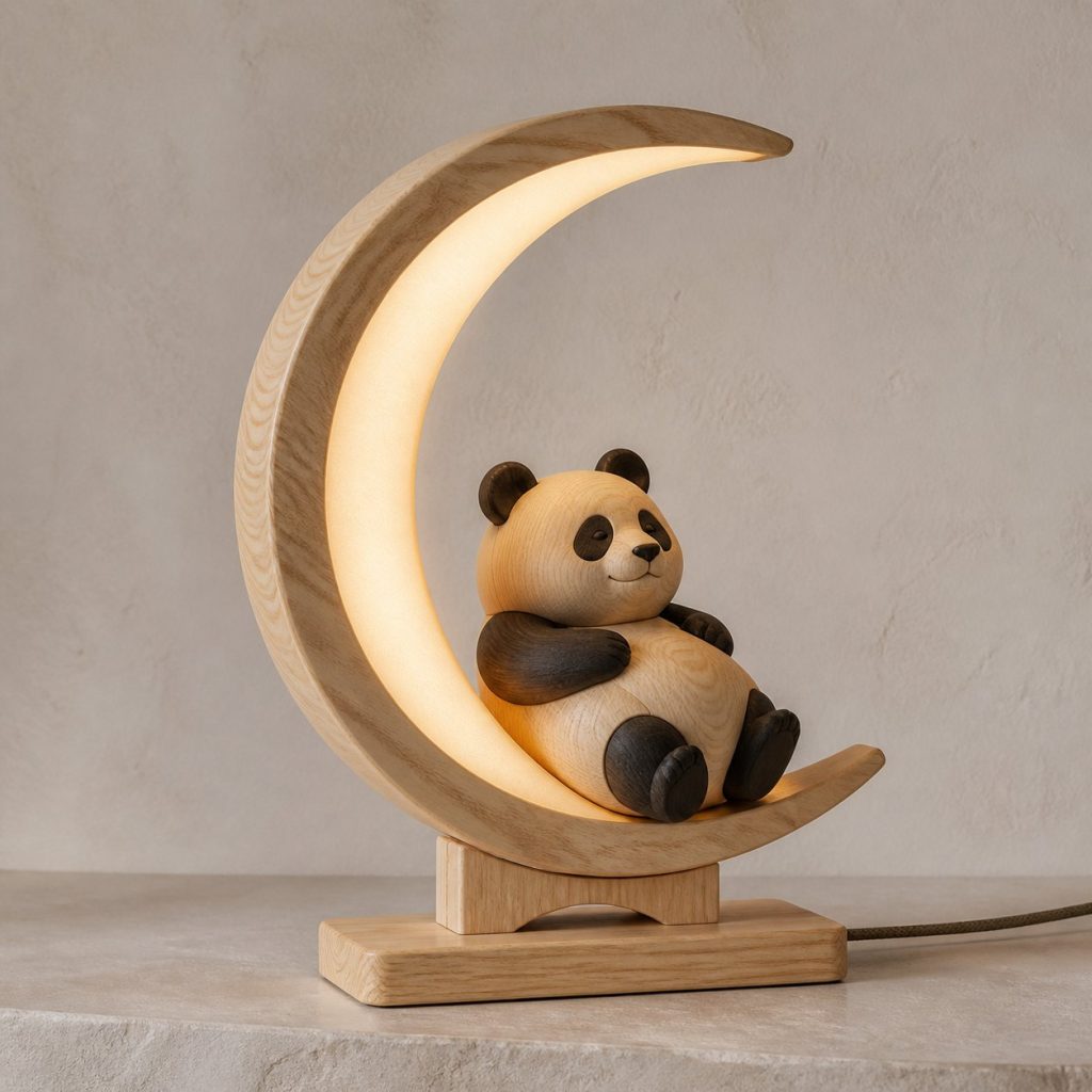 Panda-and-Moon Ring Lamp shown as an original square photorealistic panda lamp made from natural light-yellow wood with fine grain and warm diffused light