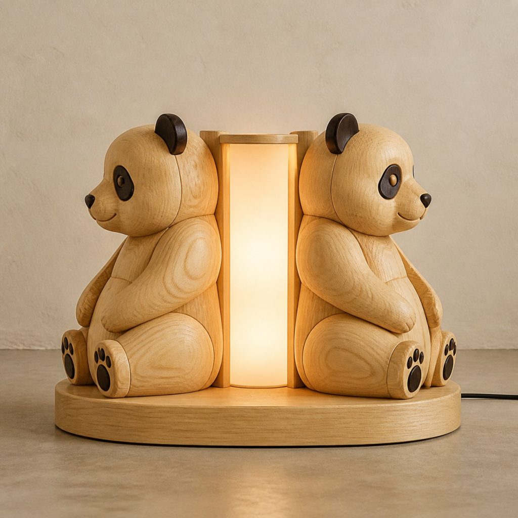 Twin-Panda Floor Lamp shown as an original square photorealistic panda lamp made from natural light-yellow wood with fine grain and warm diffused light