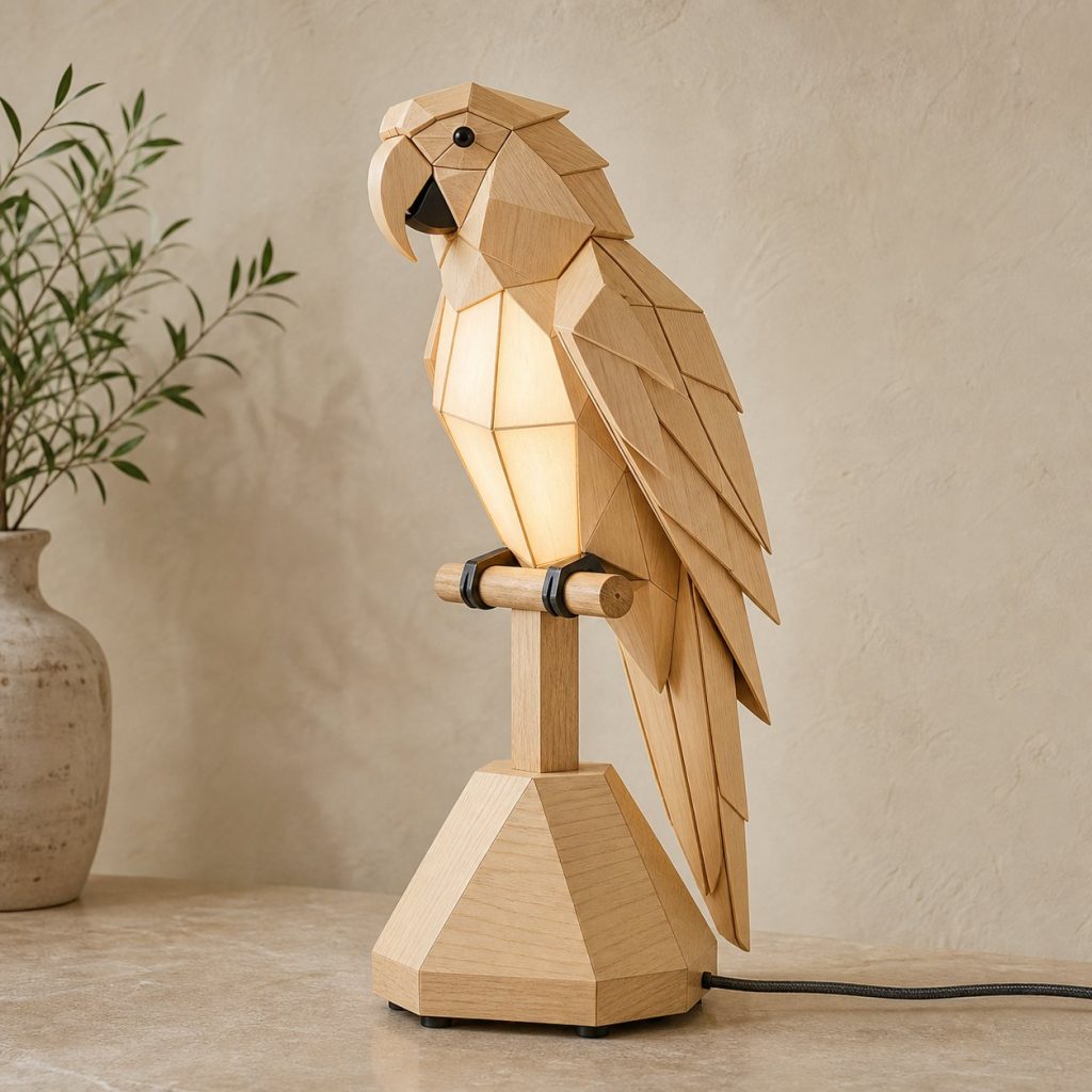 Faceted Parrot Lamp shown as an original square photorealistic parrot lamp made from natural light-yellow wood with fine grain and warm diffused light
