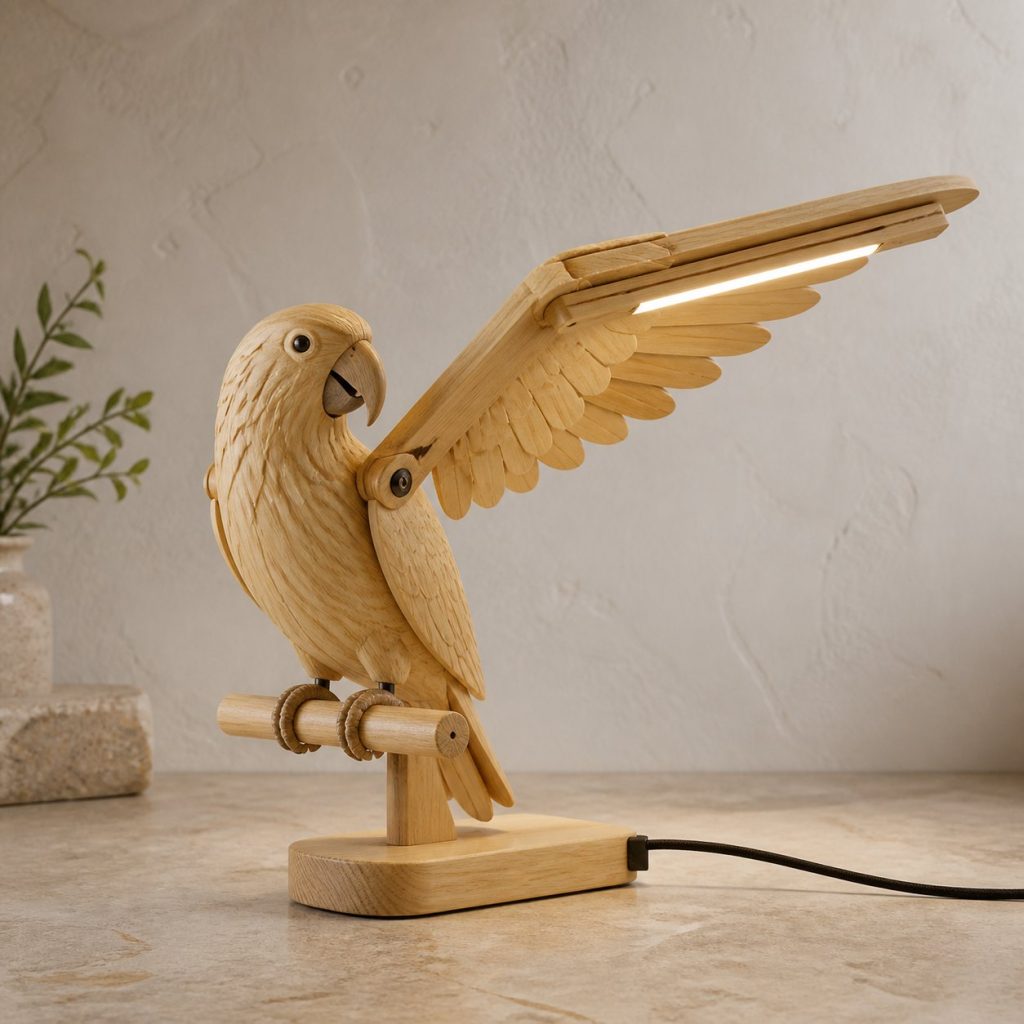 Parrot-Wing Desk Task Lamp shown as an original square photorealistic parrot lamp made from natural light-yellow wood with fine grain and warm diffused light