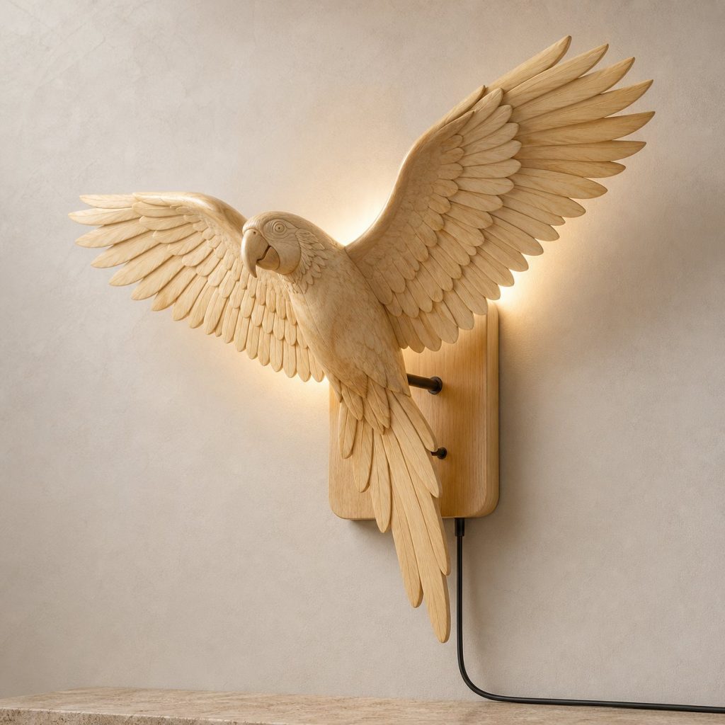 Flying Parrot Wall Sconce shown as an original square photorealistic parrot lamp made from natural light-yellow wood with fine grain and warm diffused light