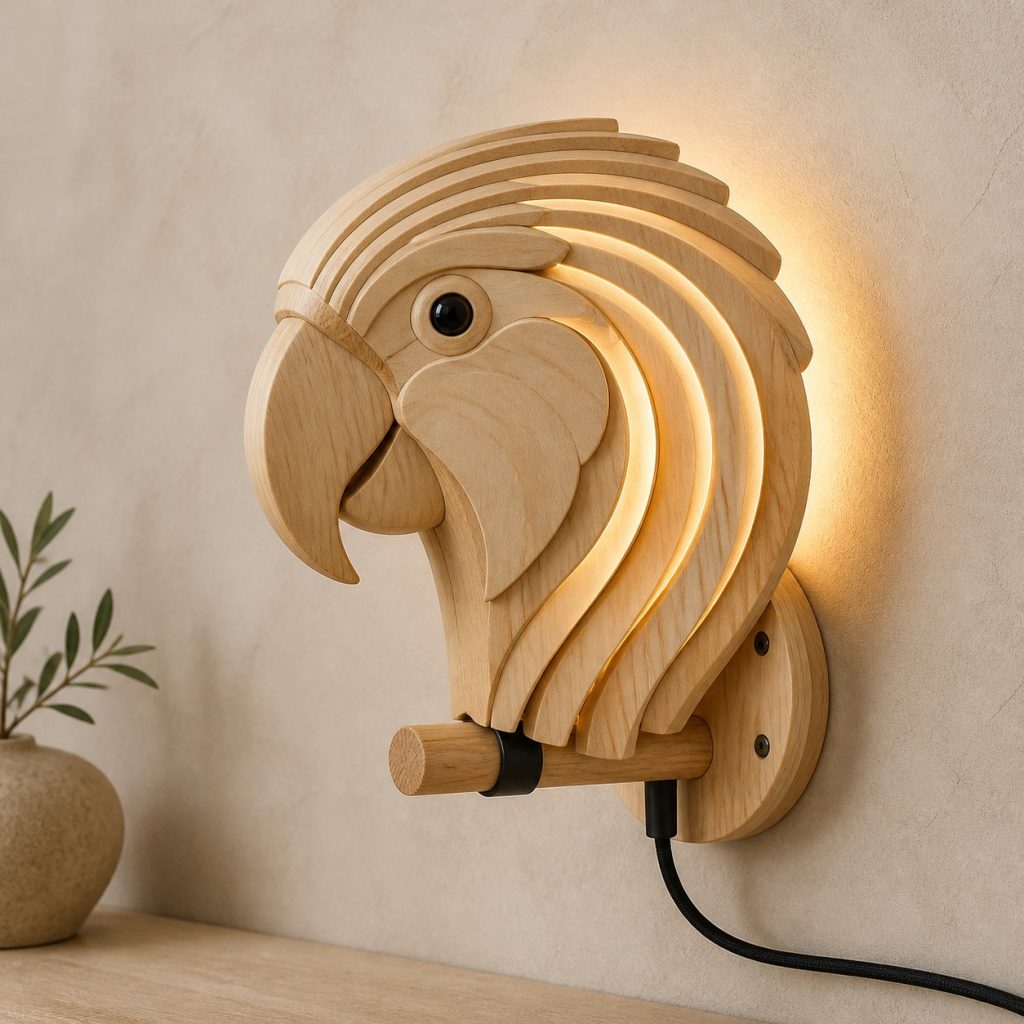 Layered Parrot Head Wall Lamp shown as an original square photorealistic parrot lamp made from natural light-yellow wood with fine grain and warm diffused light