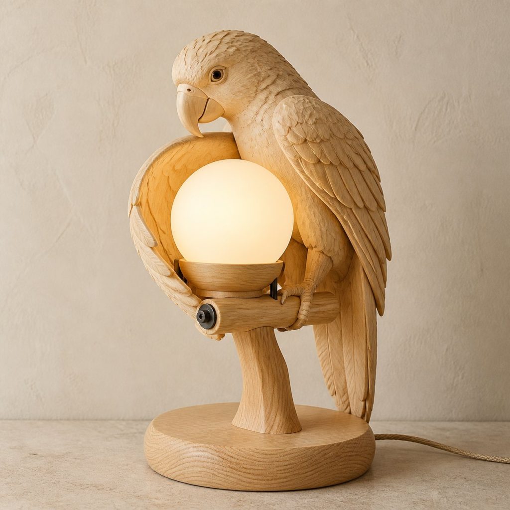 Parrot Orb Lamp shown as an original square photorealistic parrot lamp made from natural light-yellow wood with fine grain and warm diffused light
