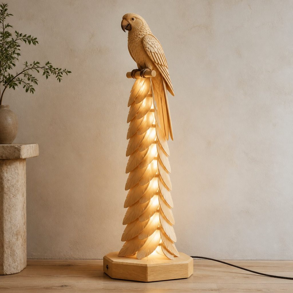 Parrot-Feather Floor Lamp shown as an original square photorealistic parrot lamp made from natural light-yellow wood with fine grain and warm diffused light