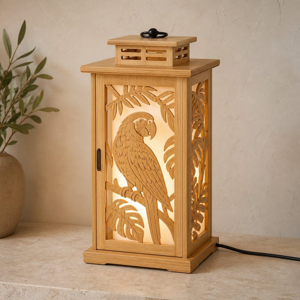 Tropical Parrot Lantern shown as an original square photorealistic parrot lamp made from natural light-yellow wood with fine grain and warm diffused light
