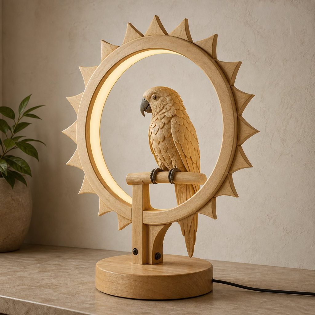 Parrot-and-Sun Ring Lamp shown as an original square photorealistic parrot lamp made from natural light-yellow wood with fine grain and warm diffused light