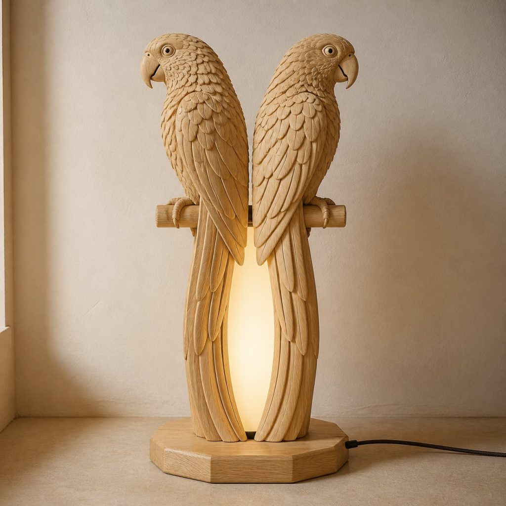 Twin-Parrot Floor Lamp shown as an original square photorealistic parrot lamp made from natural light-yellow wood with fine grain and warm diffused light