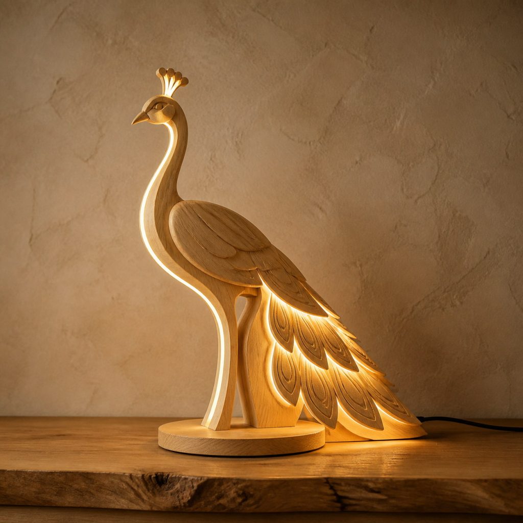Light-Yellow Peacock Profile Lamp shown as an original square photorealistic light-yellow wood peacock lamp made from natural light-yellow wood with fine grain and warm diffused light