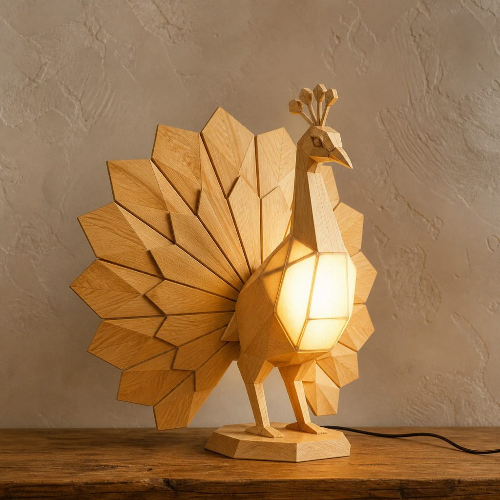 Faceted Light-Yellow Peacock Lamp shown as an original square photorealistic light-yellow wood peacock lamp made from natural light-yellow wood with fine grain and warm diffused light