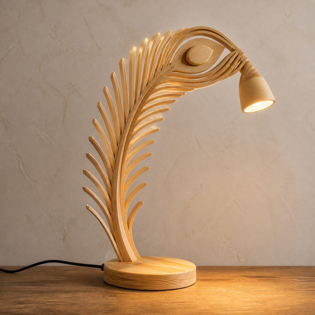 Peacock-Feather Desk Lamp shown as an original square photorealistic light-yellow wood peacock lamp made from natural light-yellow wood with fine grain and warm diffused light