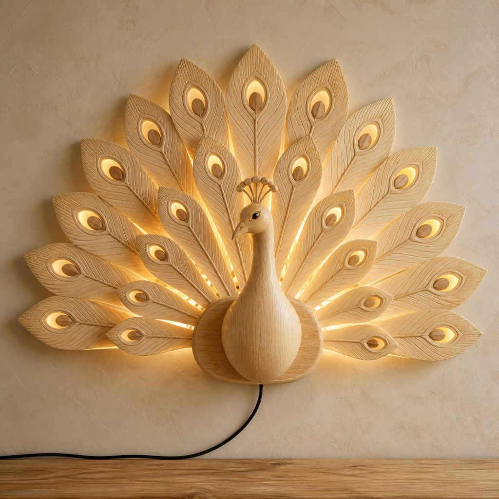 Fan-Tail Peacock Wall Sconce shown as an original square photorealistic light-yellow wood peacock lamp made from natural light-yellow wood with fine grain and warm diffused light